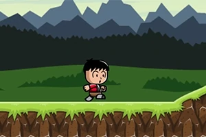 Personaje de dibujos animados caminando en un paisaje con montañas al fondo y suelo de hierba y tierra