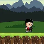 Personaje de dibujos animados caminando en un paisaje con montañas al fondo y suelo de hierba y tierra