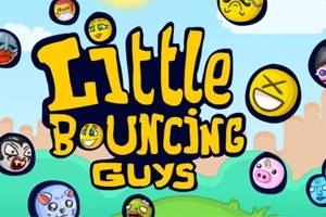 Título Little Bouncing Guys con fondo de paisaje y personajes redondos con distintas expresiones alrededor