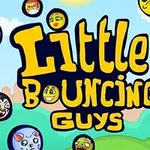 Título Little Bouncing Guys con fondo de paisaje y personajes redondos con distintas expresiones alrededor