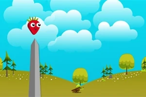 Una fresa con cara animada está flotando sobre un obelisco en un paisaje con colinas, árboles y un cielo azul con nubes