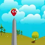 Una fresa con cara animada está flotando sobre un obelisco en un paisaje con colinas, árboles y un cielo azul con nubes
