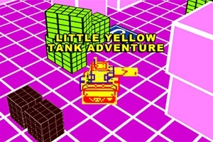 Tanque amarillo sobre un fondo de cuadrícula rosa con bloques verdes y negros, acompañado por el texto LITTLE YELLOW TANK ADVENTURE