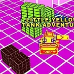 Tanque amarillo sobre un fondo de cuadrícula rosa con bloques verdes y negros, acompañado por el texto LITTLE YELLOW TANK ADVENTURE