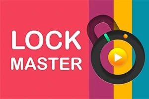 Texto LOCK MASTER en fondo de colores con un candado negro y un botón de reproducción amarillo