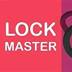 Texto LOCK MASTER en fondo de colores con un candado negro y un botón de reproducción amarillo