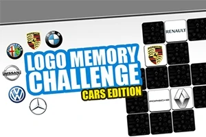 Diseño gráfico con logotipos de marcas de autos y texto grande en el centro que dice Logo Memory Challenge Cars Edition