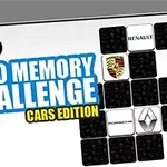 Diseño gráfico con logotipos de marcas de autos y texto grande en el centro que dice Logo Memory Challenge Cars Edition
