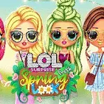 Cuatro muñecas estilizadas con cabello de colores y gafas de sol, vestidas con atuendos primaverales coloridos