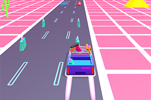 Un auto azul avanzado en una carretera futurista con neón rosa y obstáculos