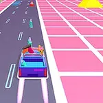 Un auto azul avanzado en una carretera futurista con neón rosa y obstáculos