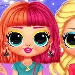 Dos muñecas con ojos grandes y cabello colorido posan sobre un fondo brillante