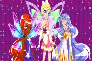 Tres personajes femeninos con alas coloridas posan sobre un fondo púrpura con puntos blancos