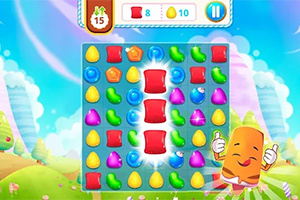 Tablero de juego colorido con caramelos de diferentes formas y colores, acompañado de un personaje sonriente con pulgares arriba