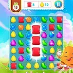 Tablero de juego colorido con caramelos de diferentes formas y colores, acompañado de un personaje sonriente con pulgares arriba
