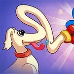 Un personaje azul con corona y guantes de boxeo choca su puño con el hocico alargado de un perro sobre un fondo morado con estrellas