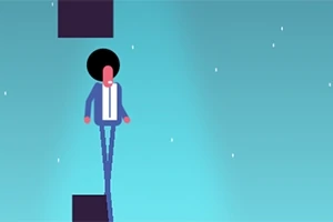 Persona de cabello afro con traje azul y camisa blanca equilibrando sobre bloques en un fondo azul claro con estrellas