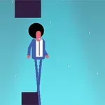 Persona de cabello afro con traje azul y camisa blanca equilibrando sobre bloques en un fondo azul claro con estrellas