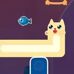 Gato largo de dibujos animados con expresión feliz y un pez azul flotante a su lado