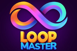 Símbolo de infinito en colores degradados de naranja, rosa y azul, con las palabras Loop Master debajo en un fondo morado