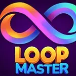 Símbolo de infinito en colores degradados de naranja, rosa y azul, con las palabras Loop Master debajo en un fondo morado