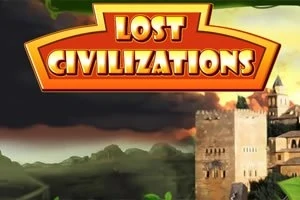 Título Lost Civilizations en un fondo de paisaje con arquitectura antigua y cielo nublado