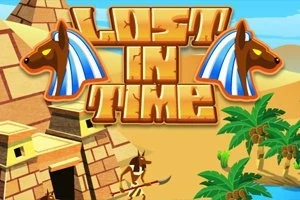 Título Lost in Time con ilustraciones egipcias, incluyendo pirámides y figuras con cabezas de chacal, junto a palmeras