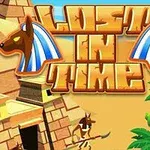 Título Lost in Time con ilustraciones egipcias, incluyendo pirámides y figuras con cabezas de chacal, junto a palmeras