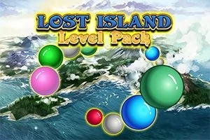 Textos Lost Island Level Pack en una escena de fondo con islas y bolas de colores flotando sobre un paisaje marino
