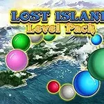 Textos Lost Island Level Pack en una escena de fondo con islas y bolas de colores flotando sobre un paisaje marino