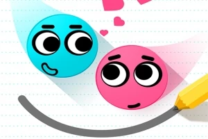 Dos personajes circulares, uno azul y otro rosa, con expresiones felices y corazones flotando, unidos por una línea curva dibujada con un lápiz amarillo