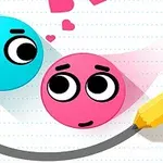 Dos personajes circulares, uno azul y otro rosa, con expresiones felices y corazones flotando, unidos por una línea curva dibujada con un lápiz amarillo