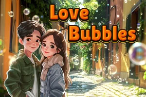 Pareja joven abrazada en una calle arbolada con burbujas flotantes y el texto Love Bubbles