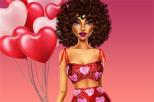 Mujer con cabello rizado y vestido rojo con corazones, junto a globos en forma de corazón sobre un fondo degradado