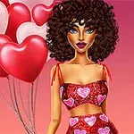 Mujer con cabello rizado y vestido rojo con corazones, junto a globos en forma de corazón sobre un fondo degradado