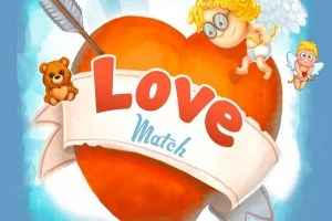 Corazón rojo atravesado por una flecha con la palabra Love sobre una cinta, acompañado de un oso de peluche y dos ángeles cupido
