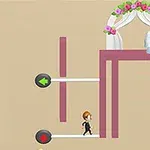 Personaje masculino caminando hacia una novia bajo un arco decorado con flores