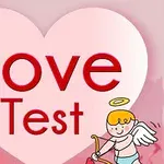Corazón rosado con las palabras Love Test y un cupido dibujado con un arco y flecha en la esquina inferior derecha