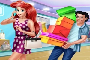 Persona pelirroja con vestido morado y bolso blanco de compras acompañada de un hombre cargando cajas de regalos de colores en un centro comercial
