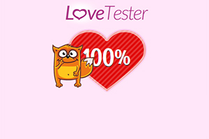 Dibujo de un gatito anaranjado junto a un corazón rojo con 100% en el centro bajo el texto Love Tester