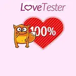 Dibujo de un gatito anaranjado junto a un corazón rojo con 100% en el centro bajo el texto Love Tester