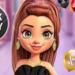 Mujer animada con cabello largo y joyas doradas, rodeada de globos y un letrero de Black Friday Sale