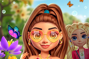 Dos personajes animados en un jardín colorido con mariposas, destacando una chica con gafas de sol en forma de corazón