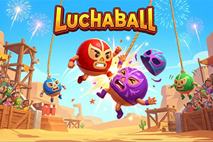 Personajes caricaturescos con máscaras de lucha saltando en una arena colorida con público, fuegos artificiales y el texto Luchaball