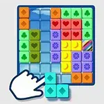 Una cuadrícula de bloques de colores con formas geométricas y una mano arrastrando un bloque azul