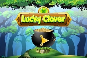 Caldero negro lleno de monedas doradas con un trébol verde, rodeado de árboles en un bosque