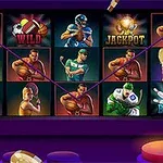 Máquina tragamonedas con símbolos de jugadores deportivos, un balón de fútbol, y texto como WILD y JACKPOT