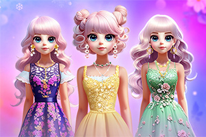 Tres muñecas con cabello largo y ropa elegante en tonos pastel posan frente a un fondo colorido