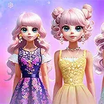 Tres muñecas con cabello largo y ropa elegante en tonos pastel posan frente a un fondo colorido