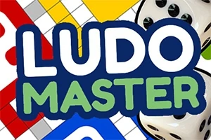 Logo colorido con la palabra Ludo Master, dados y un tablero de colores en el fondo